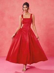 Charllene Santos 设计师红色缎面抽绳后背无袖 A 字型优雅长裙、节日、音乐会服装、狂欢、婚礼、舞会礼服 - 紅色 - 查看 1