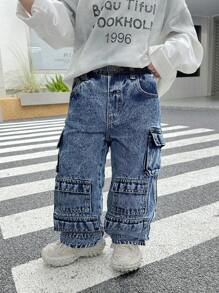 SHEIN Pantalones vaqueros holgados de mezclilla negra con múltiples bolsillos de carga y efecto desgastado, elegante y cool para niños pequeños, ropa informal y versátil para otoño/invierno