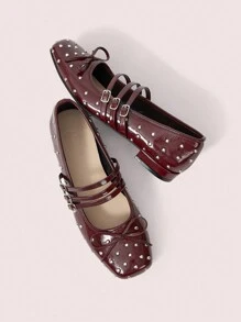 CUCCOO DOLLMOD Women's Flat Rivet Mary Jane Shoes, Cute Campus Style Low Heel - Burgundy - View 9