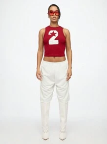 SUMWON WOMEN 复古运动风 2 号星形露脐背心 无袖罗纹运动背心 队服风格 运动夏季健身时尚背心 - 紅色 - 查看 7