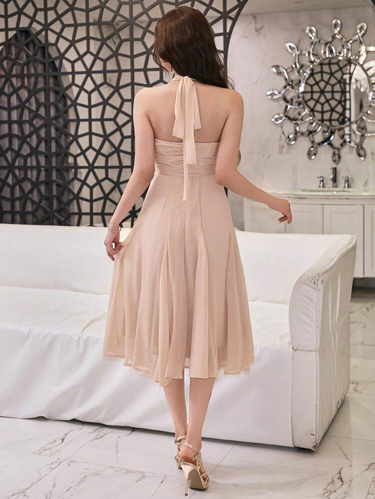 Solid V-Neck Sleeveless Mid-Length Dress For Women Elegant Sundress,Formal Women Dresses Maxi Dress