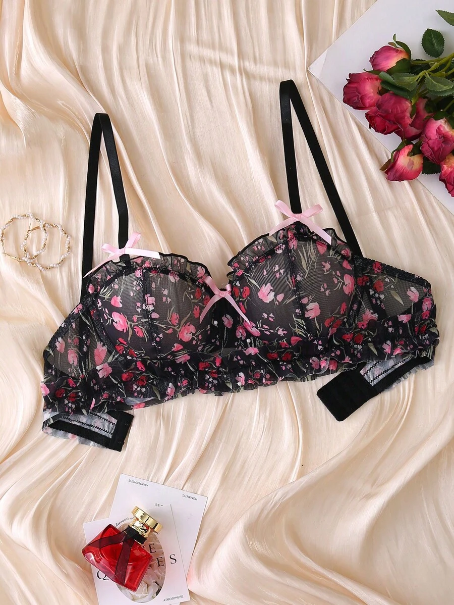 ملابس علوية خروج شفاف مزخرف بطباعة زهور مثير وريفي بتطريمات كشكشة، صدرية دانتيل نصف كأس للنساء، لون أسود، مناسب للمهرجانات الموسيقية والحفلات والتجمعات