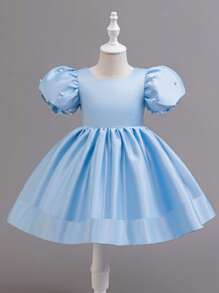 适合年轻女孩的串珠泡泡袖派对礼服，薄纱裙公主裙，适合生日派对、婚礼、花童、所有季节 - 藍色 - 查看 3