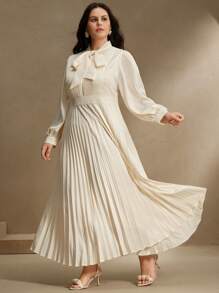 Anewsta Vestido de manga larga con mangas de farol y cuello con moño, elegante y de moda, ideal para tallas grandes, atuendos primaverales para festivales, salidas, vacaciones y vestidos modestos para invitadas a bodas - Beis - Ver 4