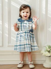SHEIN 女婴复古格子领短袖连衣裙，带蝴蝶结装饰，休闲春秋装