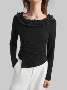 Ontre Damen Schwarze Langarm Strick Bluse mit floraler Verzierung und Rückenausschnitt, Sommer Damen Frühling Oberteile Langarm Damen Tops