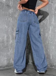 SHEIN PETITE Women's Casual Washed Straight-Leg Cargo Jeans