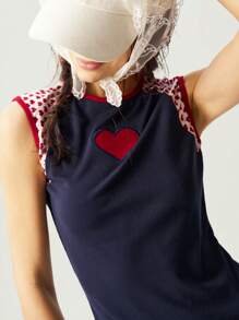 Bohemela BOHO Women's Heart Embroidered Round Neck Raglan Sleeve T-Shirt Valentine's Day - Navy Blue - View 1