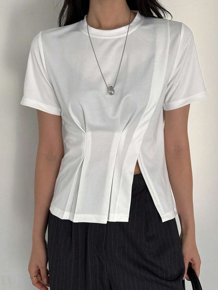 Women's Round Neck Pleated Waist Short Sleeve T-Shirt, Minimalist Fashion Casual Everyday Wear