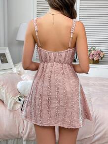 Lace Trimmed V-Neck Slip Dress With Jacquard Detailing - Coral Pink - View 3