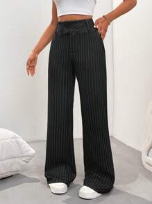 Flirla Tall Women's Casual Striped Low-Waist Trousers, Spring Fall Cloth For Women - Black - View 3