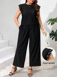 SHEIN Clasi 2pcs/Set Plus Size Women Solid Color Faux Pearl Decor Cap Sleeve Top And Pants Set - Black - View 2