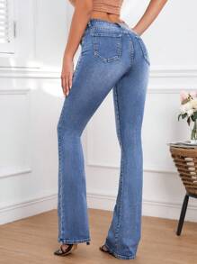SHEIN Tall Women's Pocketed Flared Casual Versatile Denim Jeans - Light Wash - View 2