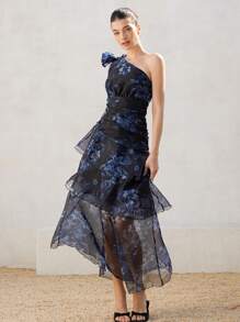 Femmeiva Elegant French Black Floral Chiffon Dress For Summer Wedding, Asymmetrical Layered Cinched Waist One Shoulder High-End Sophisticated Style - Multicolor - View 5