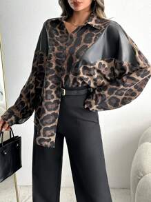 SHEIN Tall Bluzka damska z nadrukiem w panterkę, rękawami typu nietoperz, z nadrukiem PU i ozdobnymi ramionami