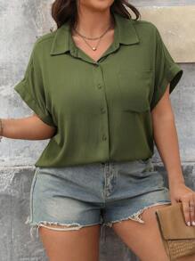Flirla 女士加大码优雅前开短袖休闲衬衫，带口袋，适合春夏季办公室/度假 - 軍綠色 - 查看 3