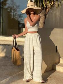 DAZY Pantalon décontracté à jambe droite et taille élastique de couleur unie pour femme - Beige - Voir 3