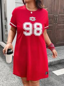 SHEIN LUNE 大码女式针织网眼圆领运动衫连衣裙，女士夏季服装，女士音乐会服装，狂欢服装节日，女士街头服饰夏季波西米亚风复古风女士夏季服装春假狂欢服装节日春假服装 - 紅色 - 查看 7