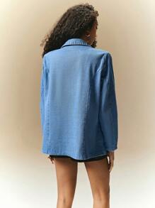 Poéselle Oversized Denim Suit Jacket,Wide-Shouldered Denim Suit Jacket,Women's Autumn Casual Denim Jacket With Lapel Collar, Long Sleeve,Spring Coat,Simple Fashion, Old Money Style, Suitable For Daily, Street, Commuting And Other Occasions To Wear - Blue - View 4