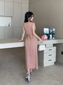 DAZY Set de 2 piezas: Camiseta con cuello en V y pliegues + Falda con nudo delantero para mujer