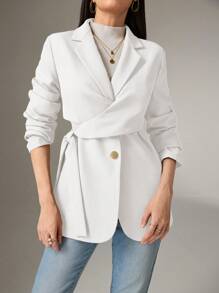 Heiryn Women Solid Color Lapel Long Sleeve Side Knot Blazer Back To School In Fall/Winter - White - View 3