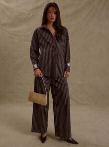 MUSERA Oversized Longline Button Down Collared Pinstripe Long Sleeve Shirt Vacation Business Casual Holiday Back To School  Elegant Spring Summer - Multicolor - View 4