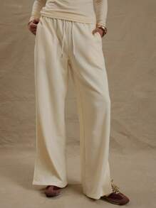 MUSERA Pantalón jogger de pierna ancha con cintura elástica y cordón, abertura lateral, de estilo casual y sexy para vacaciones - Amarillo - Ver 2