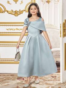 SHEIN Tween Girl Asymmetrical Neckline Short Sleeve Rhinestone Decor Elegant Dress - Green - View 7