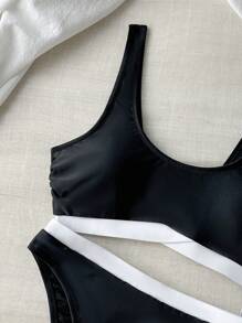 SHEIN Swim 2 Pieces Black & White Top & High Waisted Bottom Elegant Bikini Set, Spring Break, For Summer Beach Vacation - Black and White - View 3