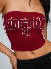 TRNVIE Strapless Letter Print Contrast Striped Women Blouse - Red - View 7