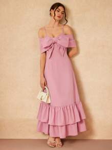 Gabriela Silveira Vestido maxi elegante y sofisticado de color rosa pastel con gran lazo 3D y volantes en el bajo, apto para fiestas, conciertos, eventos formales, bodas, fiestas de cumpleaños y verano