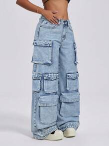 SHEIN ICON Jeans holgados de pierna ancha de mezclilla con bolsillos múltiples para mujer, de estilo minimalista para uso diario, con talle bajo y pierna recta estilo grunge