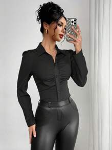 Chiquease Women's Solid Color Front Button Long Sleeve Casual Slim Fit Blouse Fall Cloth For Women - Black - View 3