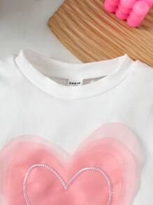 2pcs/Set Girls' Valentine's Day Heart Mesh Decor Cute Sweet Pink 3D Heart Short Sleeve Top And Heart Print Shorts Set - Multicolor - View 8