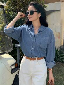 DAZY Blusa de mezclilla de ajuste holgado casual para mujer, chaqueta de mezclilla, ropa de mujer para otoño