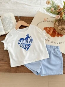 Blossori Young Girl French Letter Print Elegant T-Shirt And Shorts Set, Spring/Summer