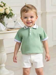 Set da 2 pezzi per neonati maschio/femmina, top a maniche corte con colletto polo a contrasto di colore e pantaloncini con vita elastica di colore unito