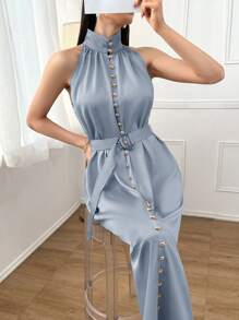 Modelyn Button Detail Belted High Neck Sleeveless Dress, Going Out & Party Long Evening Dresses - Dusty Blue - View 6