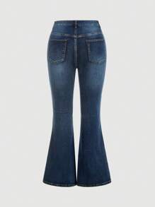 SHEIN Plus Size Casual Washed Distressed Slim Flare Leg Jeans - Dark Wash - View 2
