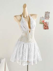 Soleia Bohemian  ,Boho, Romantic Floral ,Vacation, Floral  4th Of July Clothes  Rave Outfits White Graduation Dress Party Dress Graduation Outfit 4th Of July Dress  Butter Yellow 4th Of July Festival Concert Vacation Dress Elegant Getup White Knit Elastic Mesh Lace Hollow Out Tie Closure Mini Dress For Ladies,Sun Dress