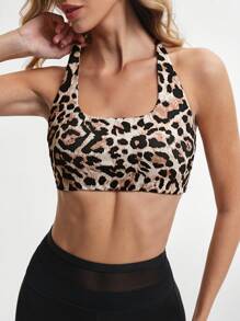 Activina Leopard Print Minimalist Sports Bra With Criss-Cross Back Straps - Khaki - View 2