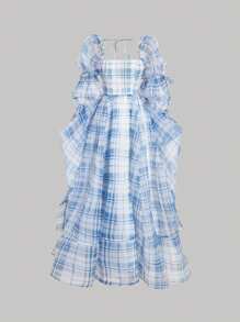 SHEIN MOD Women's Plaid Square Neck Lotus Leaf Sleeve Elegant Dress,Bow,Valentines Clothes,Summer Vacation,Spring/Summer,Brunch,Valentine Day,Beach Outfits For Woman,Valentine Day Outfit Women,Cruise Outfits Women Sexy,Easter,Western Wear Women,Gothic Women Clothes,2000s Style,Carnival,Wedding Guest Dress Women - Blue and White - View 8