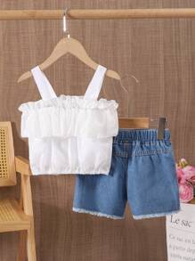 SHEIN Set de 2 piezas para niñas con top con volantes y shorts vaqueros azul desgastado - Azul - Ver 2
