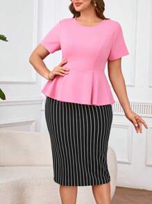 Ellevyn Ensemble de grande taille pour femmes, Top de couleur unie minimaliste et jupe moulante rayée 2 pièces, tenue de bureau, ensembles de 2 pièces pour femmes, ensembles femme, tenues de printemps pour femmes