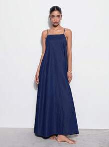 Maija Women's Dark Blue Denim Dress Vacation Slip Dress Backless Summer Dress, Going Out - Dark Wash - View 4