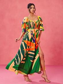BELANGE HANDMADE Designer Boho Bohemian Multicolor Print Shirred Bodice Tiered Ruffle Sleeves Slit Maxi Sun Dress, Summer Vacation, Festival, Tropical, Beach, For Women, Concert, Elegant, Concert Outfit, Ibiza Fits, Prom Dress Wedding Rave Outfit