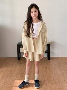 Dazy Kids 2pcs Tween Girl Plain Front Button Long Sleeve Top And Shorts Set - Yellow - View 2