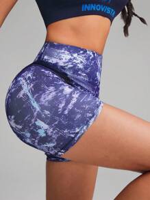 Innovista Women's Tie-Dye Marble Print High Waist Yoga Shorts With Mesh Panel Detail For Gym Workout
