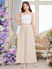 3 件套少女优雅白色吊带背心、杏色束带西装外套和宽腿褶皱裤套装 - 卡其色 - 查看 4