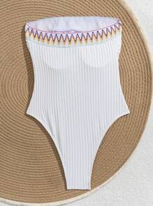 SHEIN Swim Springbreak Women Beachwear Summer Outfits, One-Piece Textured Tube One-Piece Swimsuit, Boho Festival - White - View 5